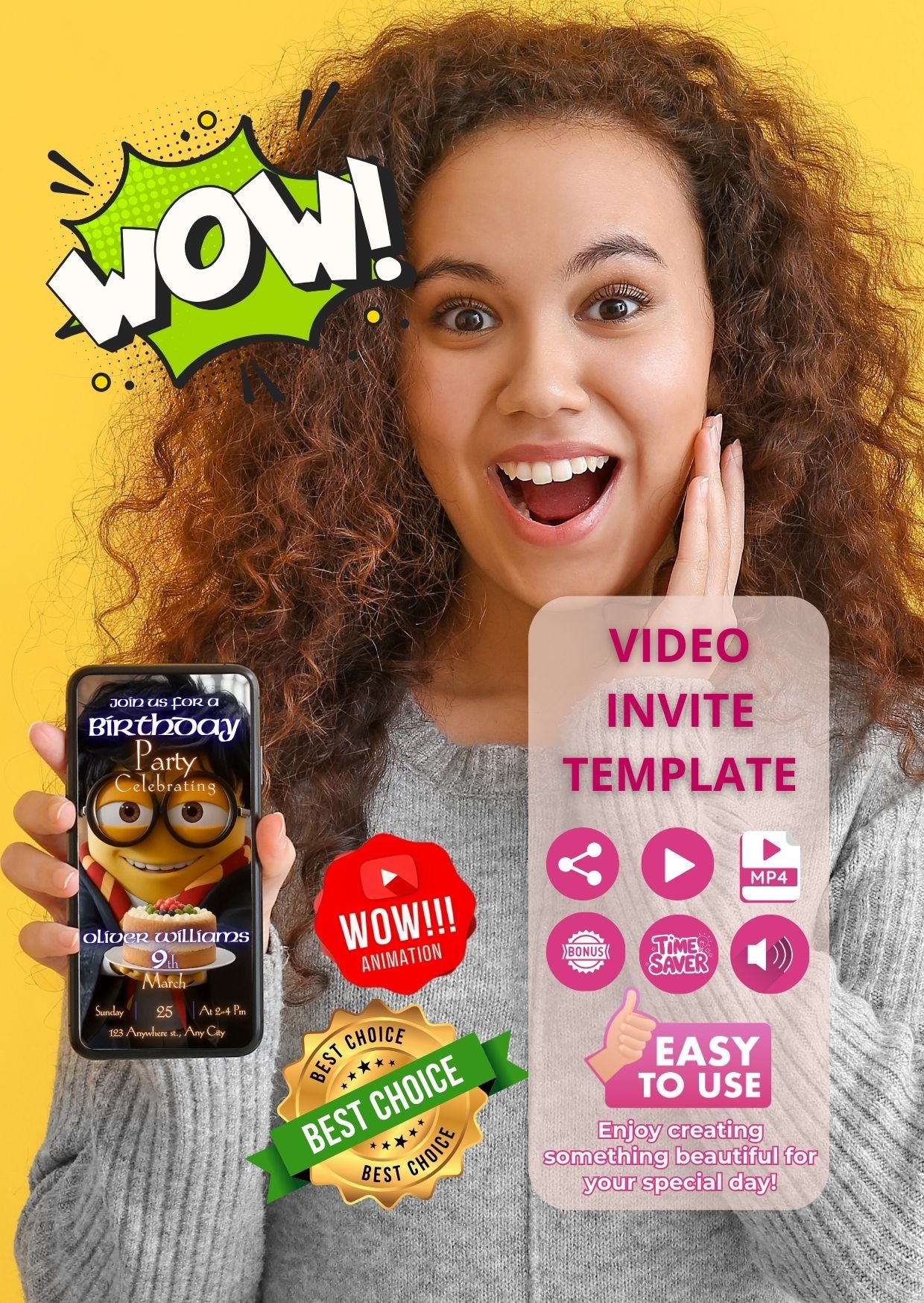 Excited woman holding phone showcasing Harry Potter Minions birthday video invitation with engaging graphics and features.