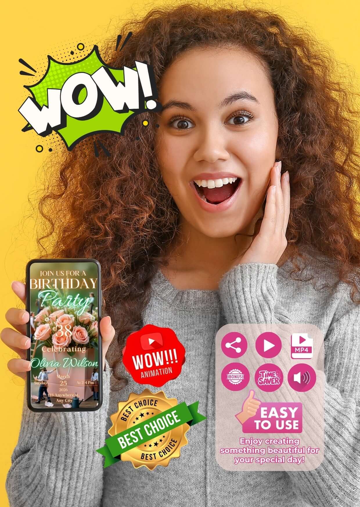 Woman holding smartphone displaying Birthday Video Invitation with animated design and "WOW!" graphics