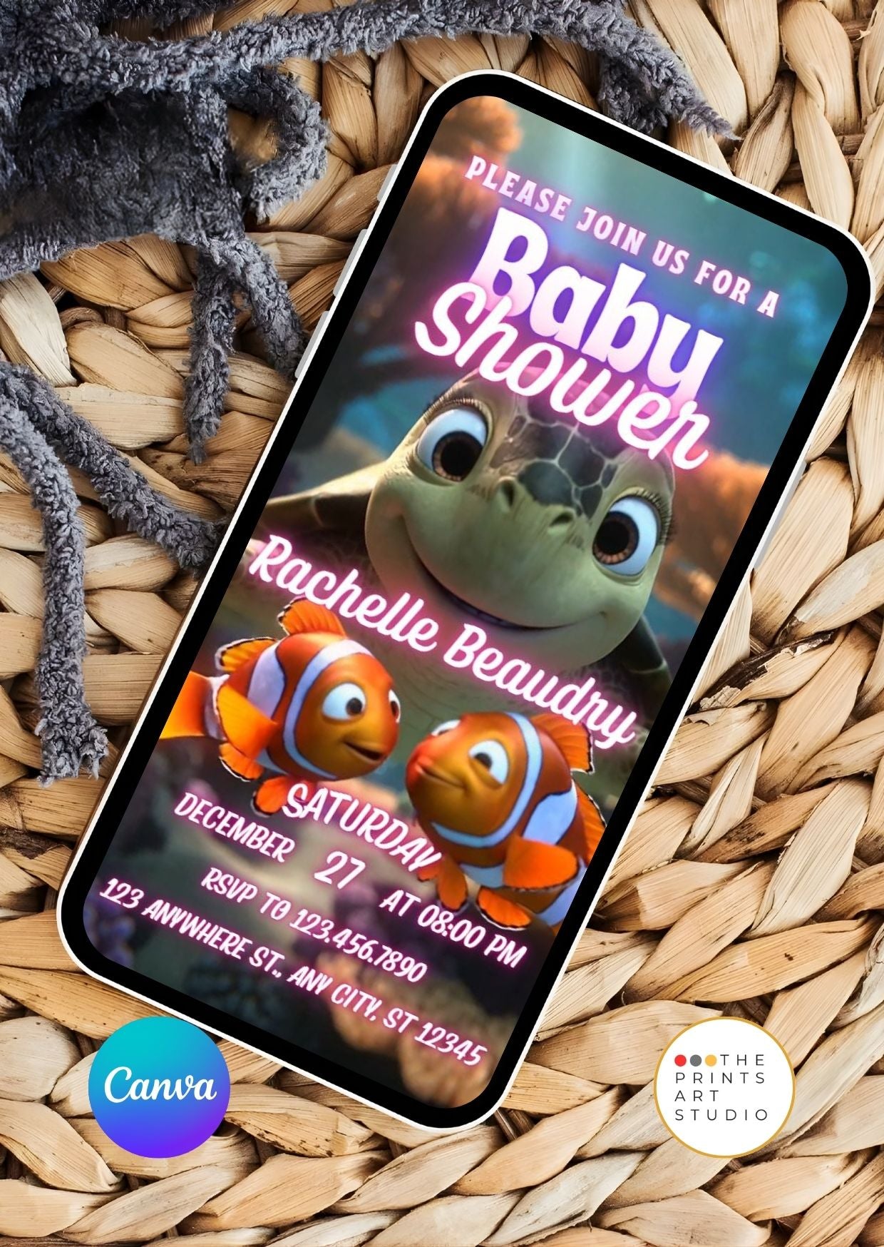 Baby Shower Video Invitation Template with ocean theme on smartphone, showcasing playful sea creatures for a baby shower.