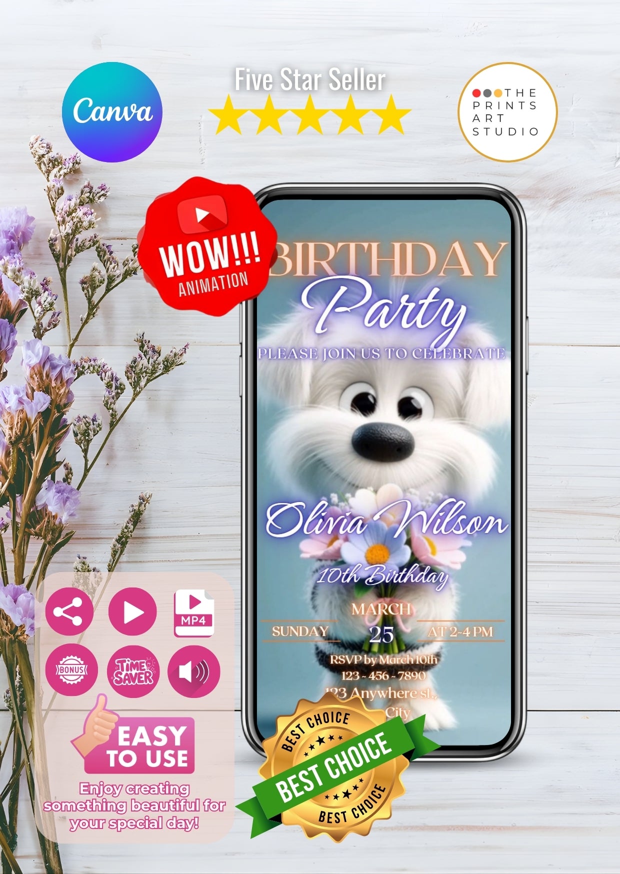 Puppy Birthday Video Invitation featuring animated puppy design on a mobile screen, perfect for unique birthday celebrations.