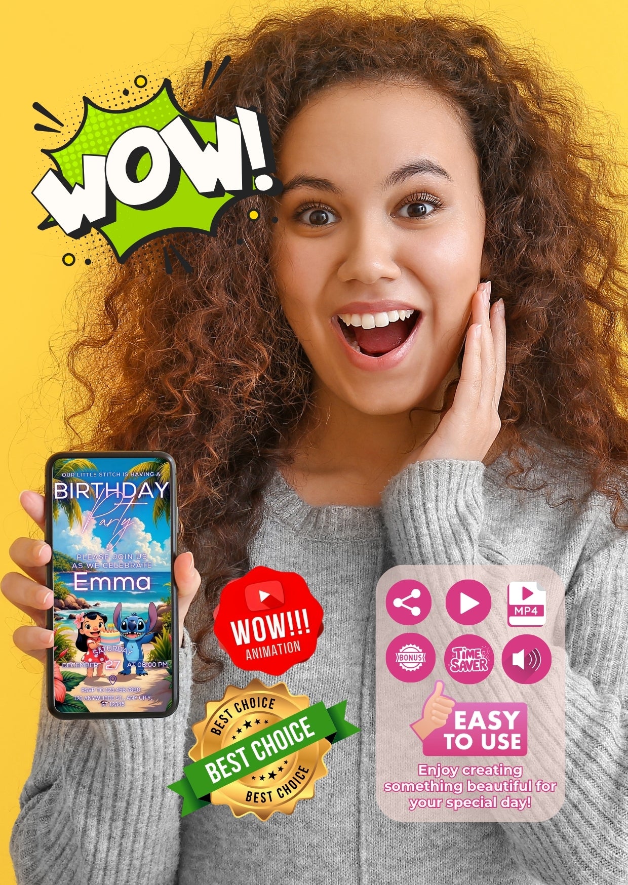 Woman holding phone with Lilo and Stitch birthday video invitation, showing animated features and easy use icons.