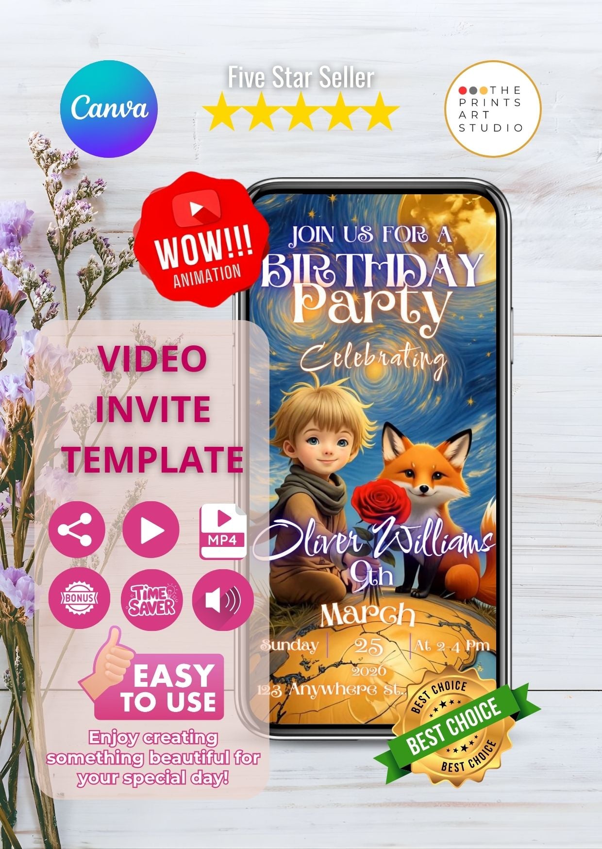 Little Prince Style Birthday Video Invitation on smartphone screen with animated design and customizable Canva template.
