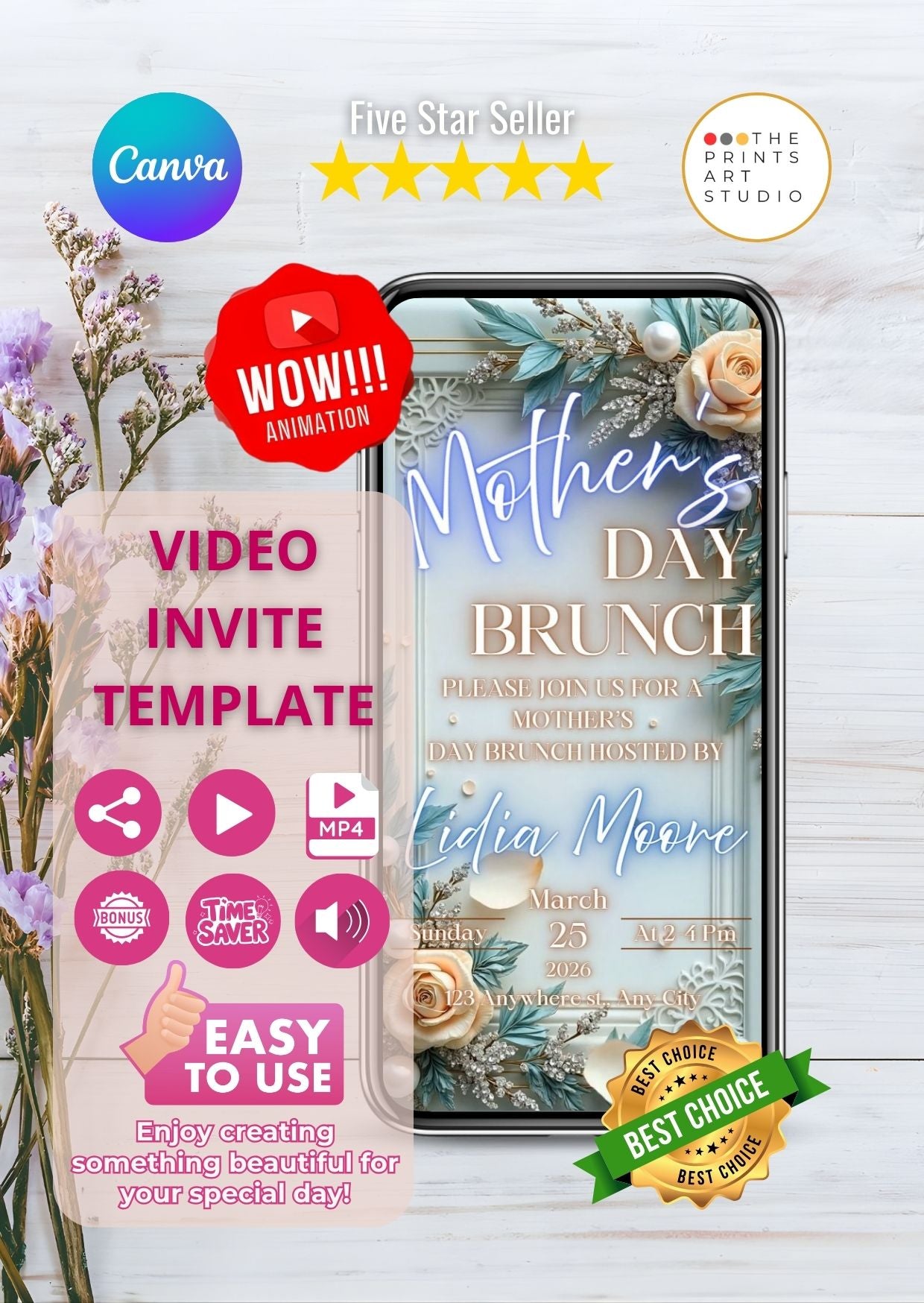 Mother’s Day Video Invitation – Elegant Brunch Canva MP4 template with floral design on smartphone display.