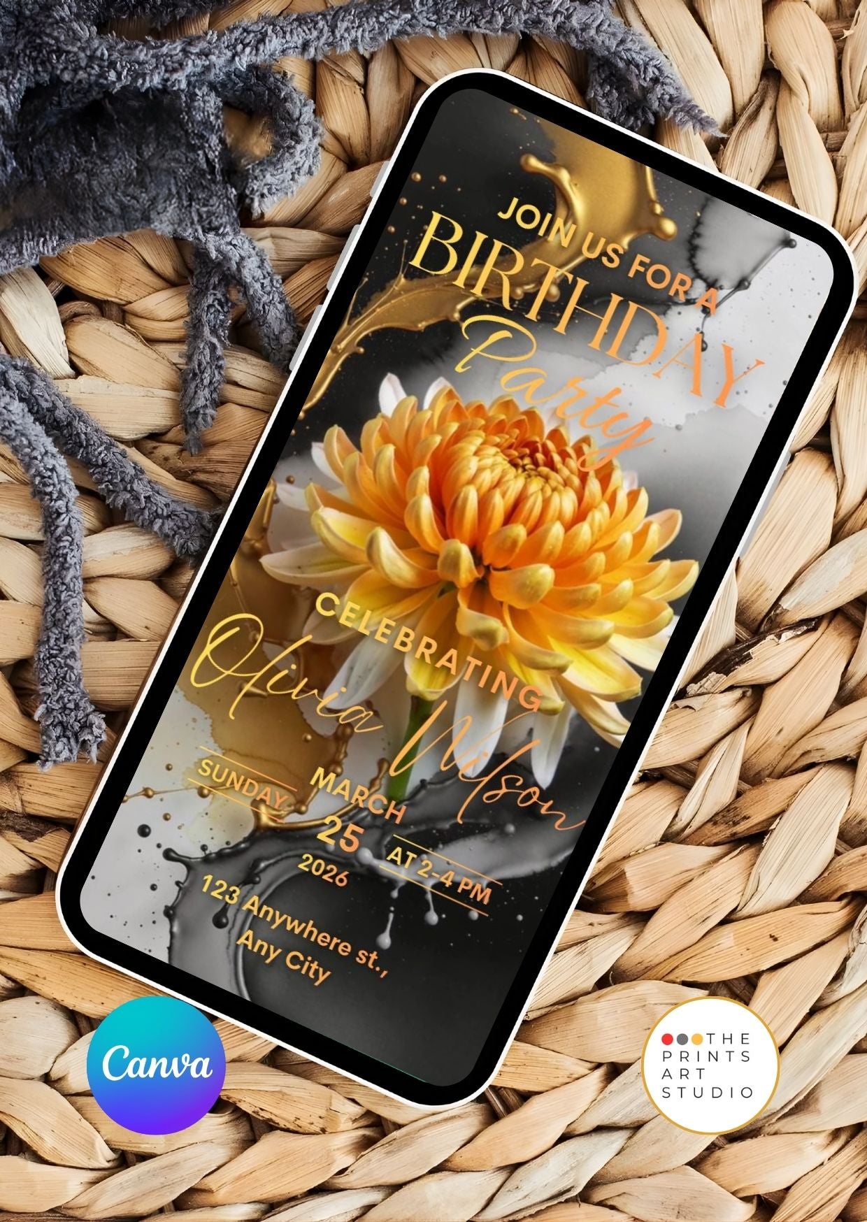 Editable Birthday Video Invitation Template Golden Floral Party Invite displayed on smartphone