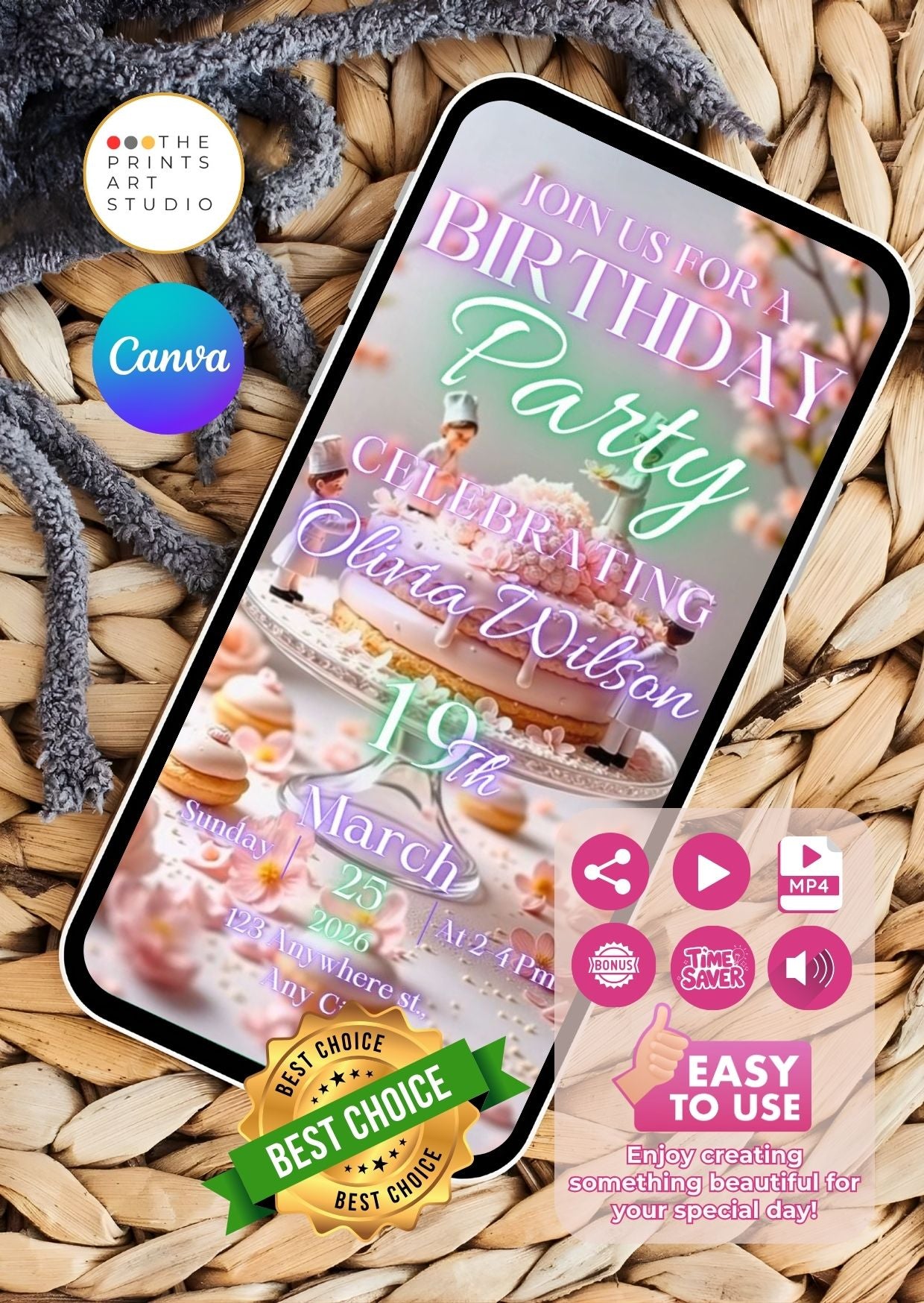 Birthday Video Invitation template with pastel pink cake and blossoms on smartphone screen.