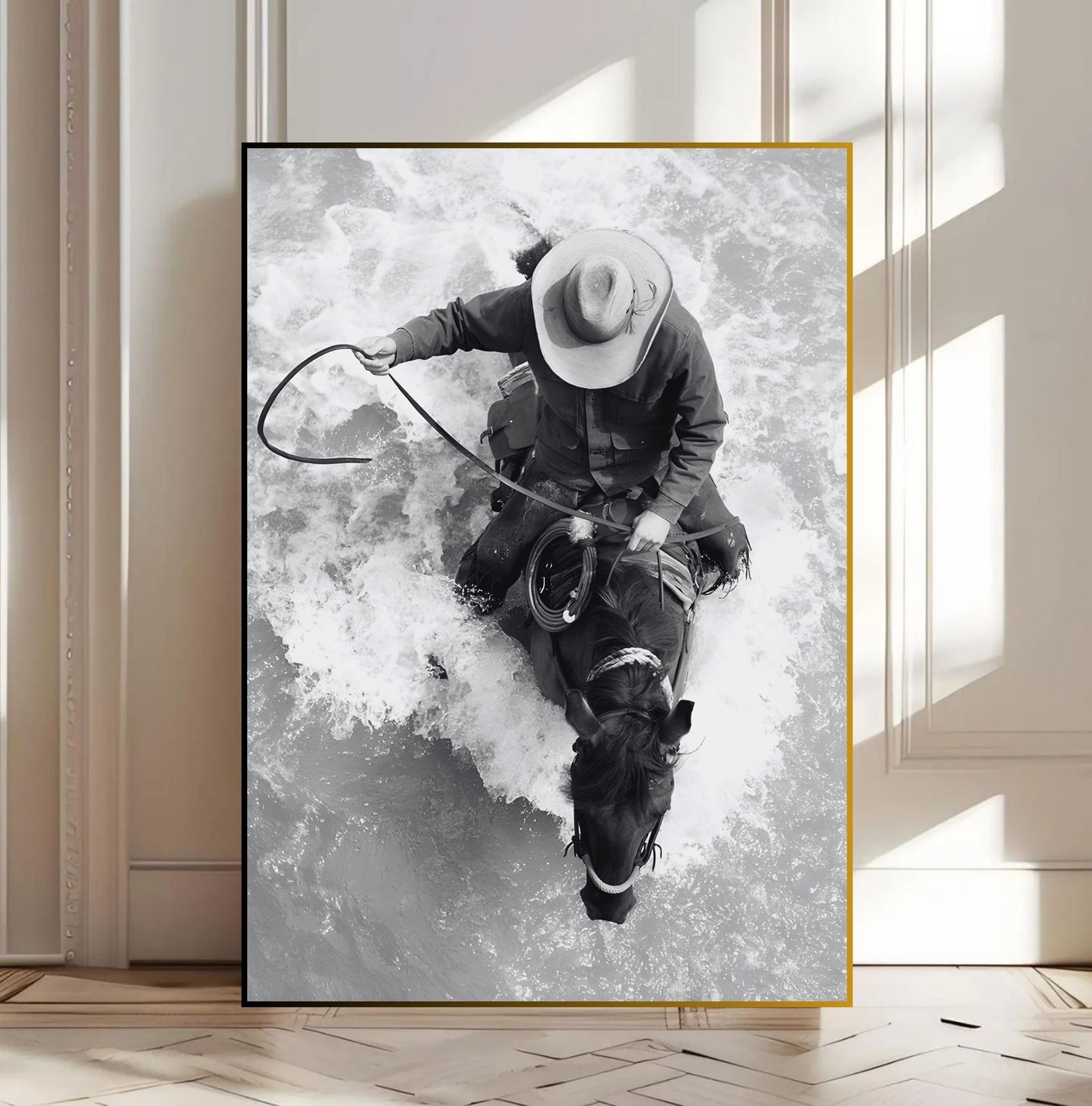 Western Horse Wall Art - Black & White Cowboy guiding horse through water