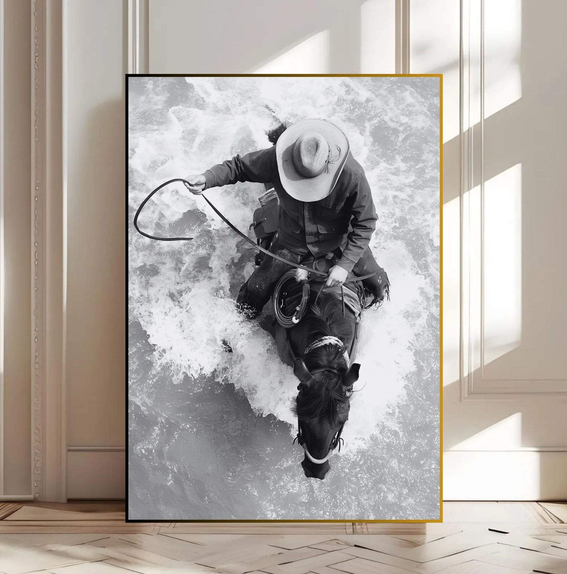 Western Horse Wall Art - Black & White Cowboy guiding horse through water
