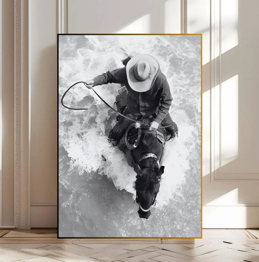 Western Horse Wall Art - Black & White Cowboy guiding horse through water