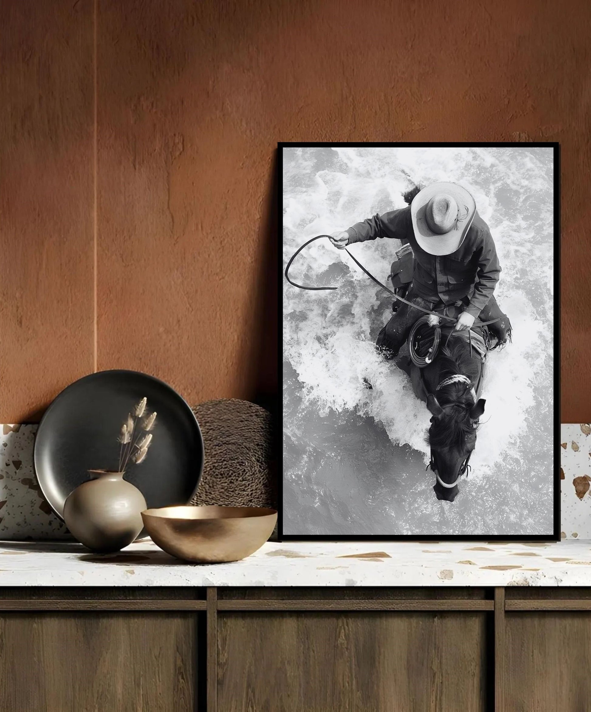 Western Horse Wall Art featuring a cowboy and horse in black and white, capturing the spirit of the American frontier.