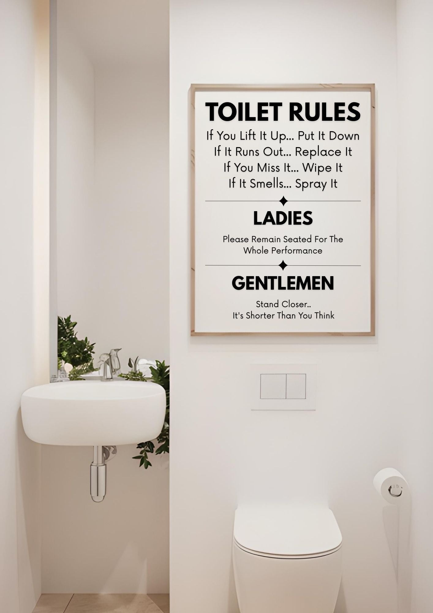 Funny Toilet Rules Sign – Humorous Bathroom Wall Art Printable in a modern bathroom with sink and toilet.