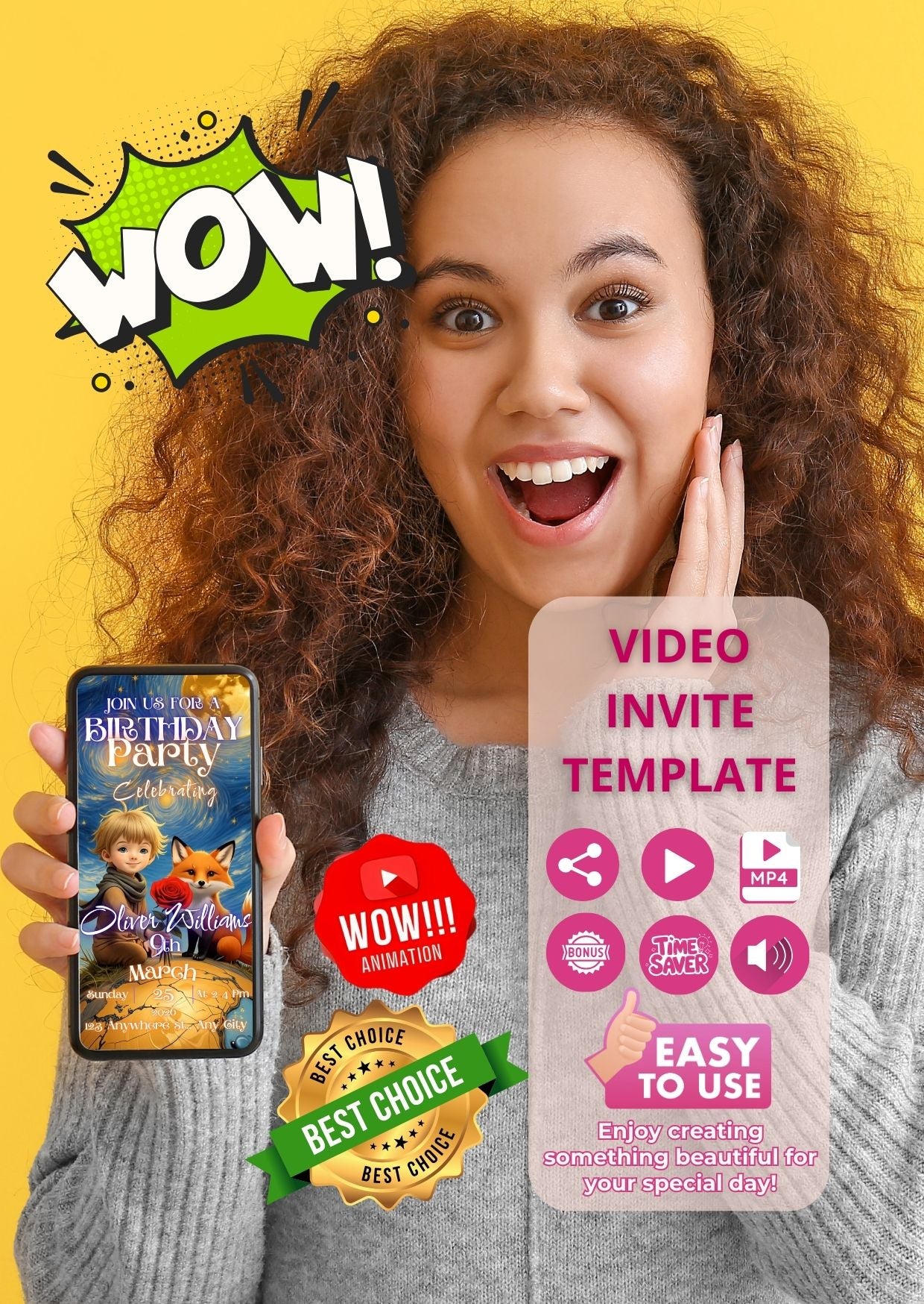 Little Prince Style Birthday Video Invitation displayed on smartphone held by excited woman, highlighting video invite template features.