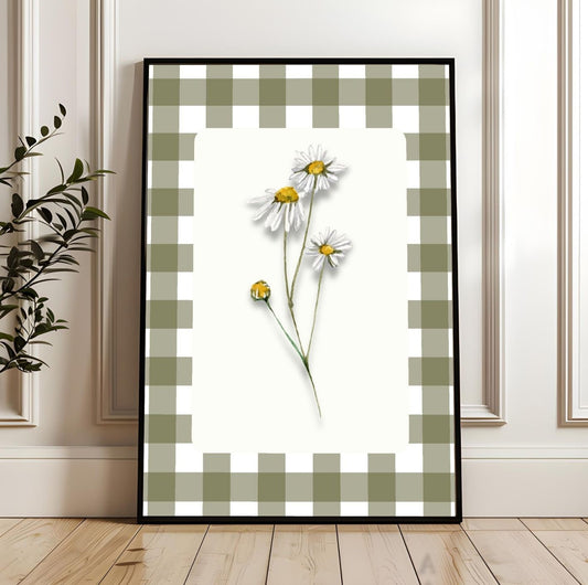 Summer Daisy Wall Art Printable – Farmhouse Kitchen Decor – Gingham Country Style Botanical Art
