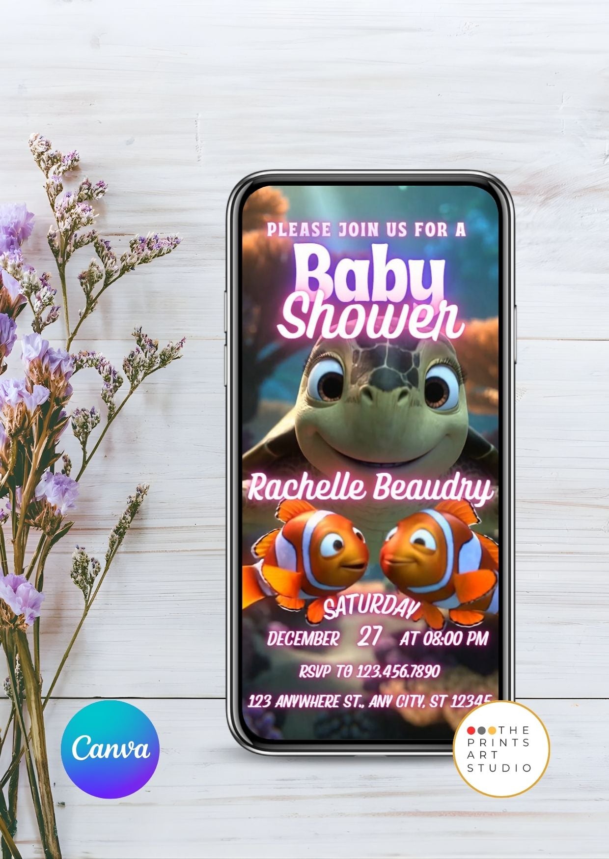 Baby Shower Video Invitation Template with ocean theme displayed on phone screen, featuring turtles and fish, editable on Canva.