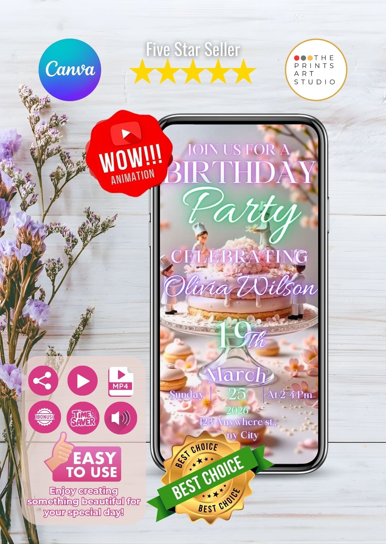 Birthday Video Invitation template with pastel pink cake and blossoms displayed on a smartphone screen design.