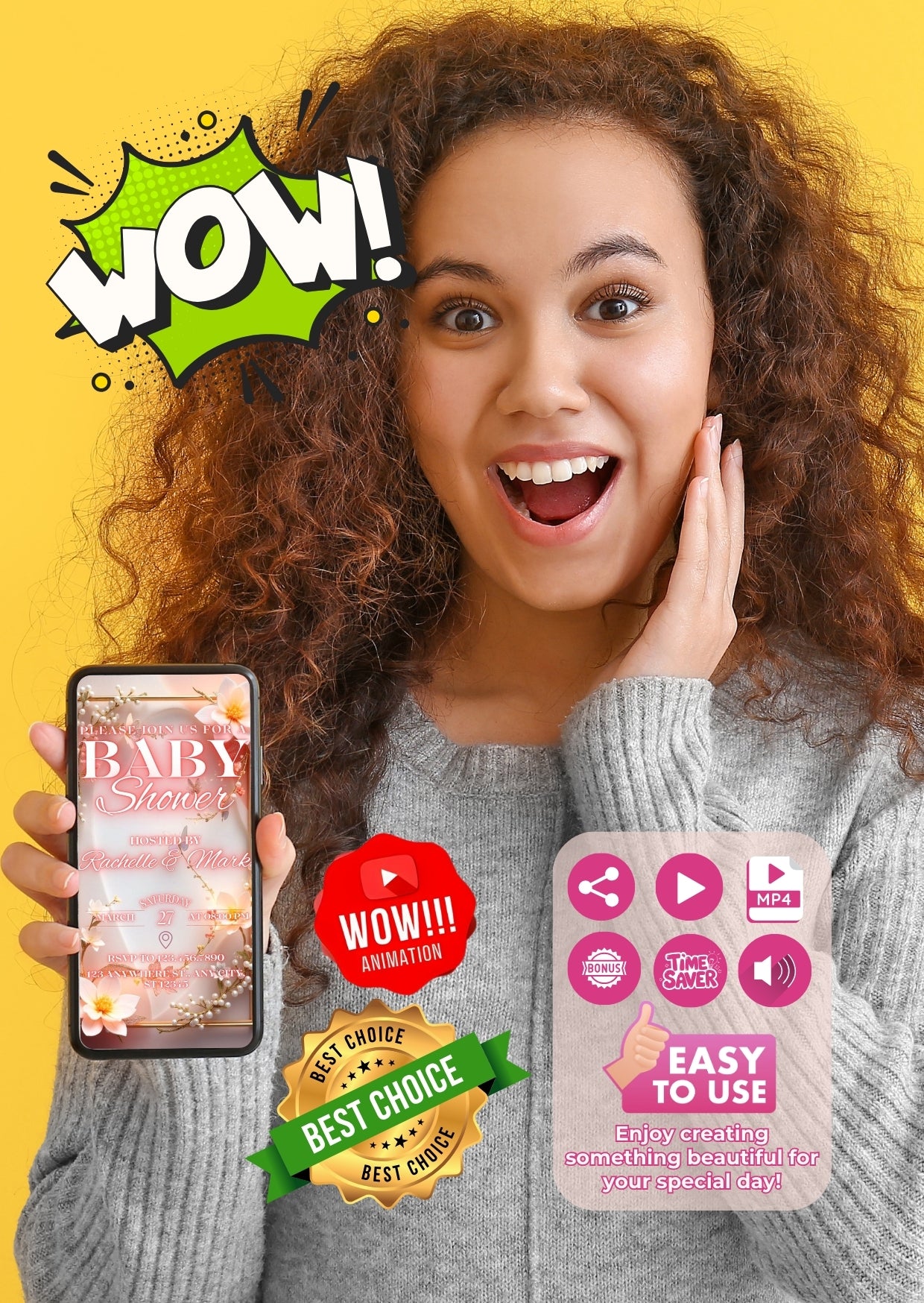 Excited woman holding smartphone displaying floral baby shower video invitation.