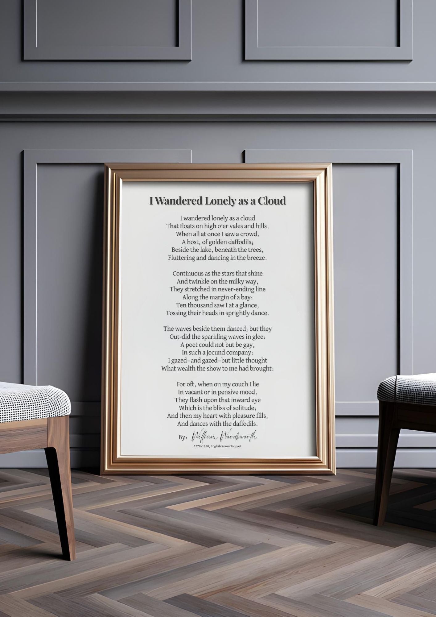 I Wandered Lonely as a Cloud Poem Print – Literary Wall Art displayed in a gold frame on a wooden floor, enhancing home decor.