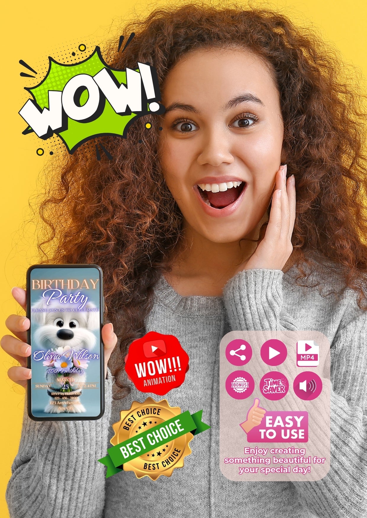 Excited woman holding phone displaying Puppy Birthday Video Invitation with WOW animation and best choice badge.