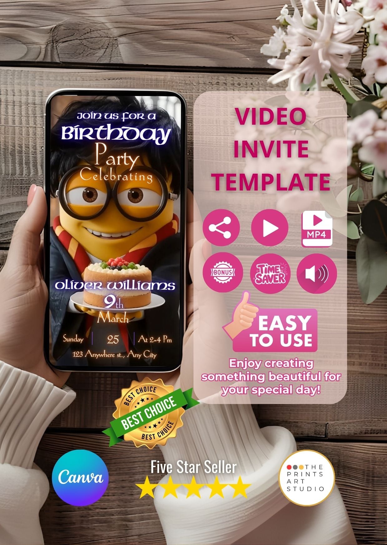 Harry Potter Minions birthday video invitation displayed on smartphone with flowers and promotional tags.