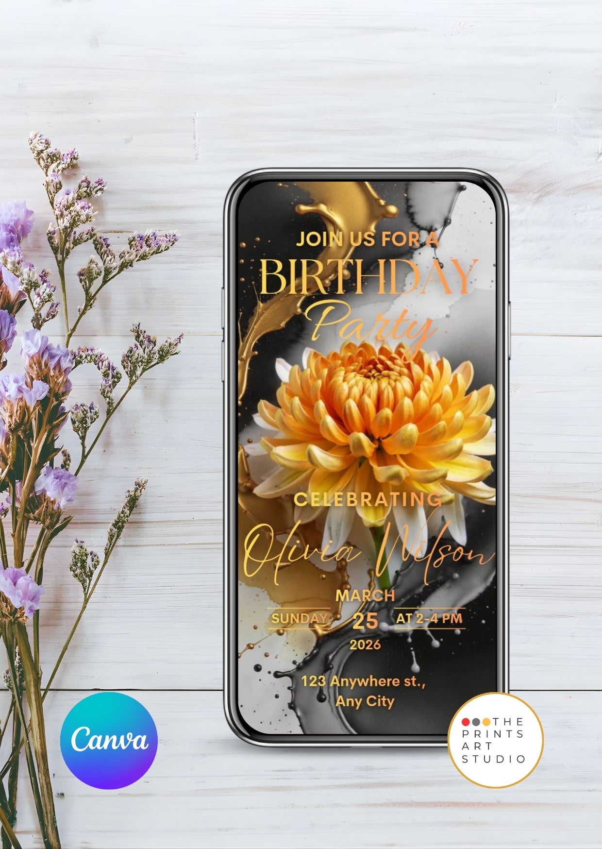 Editable Birthday Video Invitation Template Golden Floral Party Invite with vibrant design on a smartphone screen.