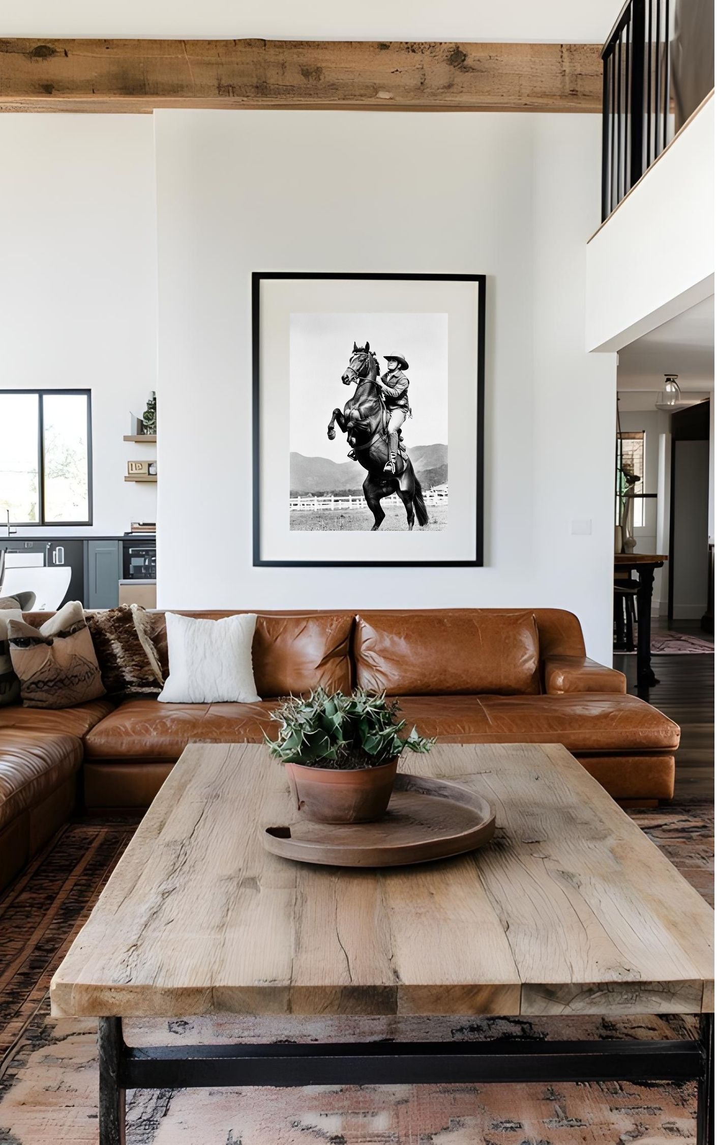 Western Wall Art black and white cowboy print in stylish living room
