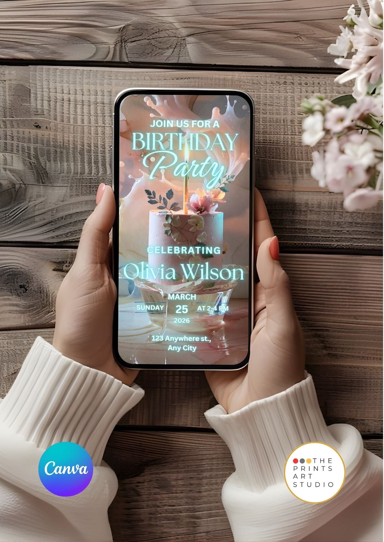 Editable birthday video invitation template ice light cake design on smartphone screen.