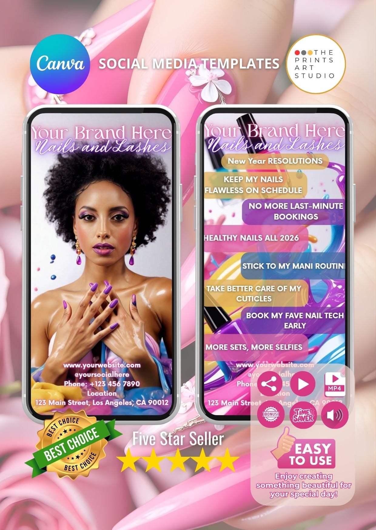 Afro American nail salon promo video template showcasing social media design with vibrant colors and nail care tips.