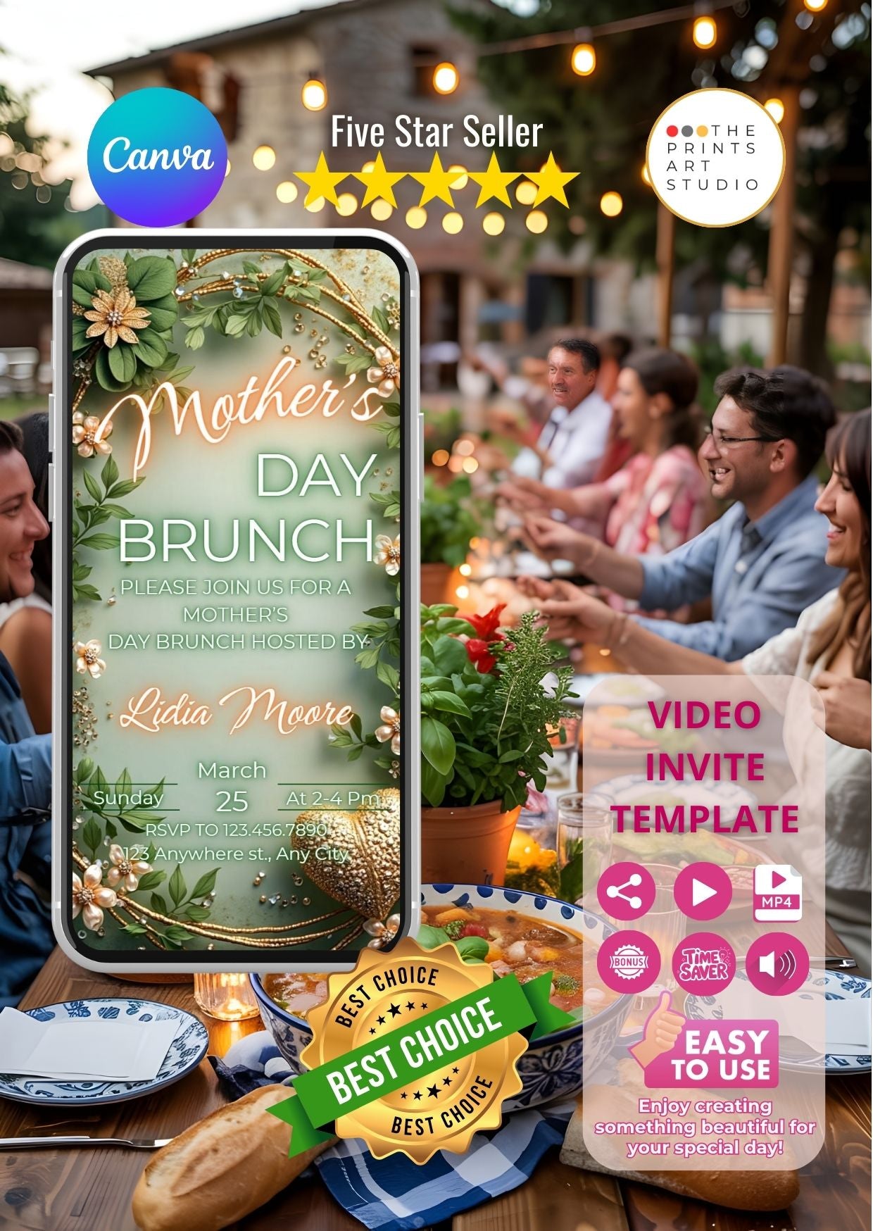 Family Brunch Video Invitation template displayed on a phone with brunch setting and guests in background.