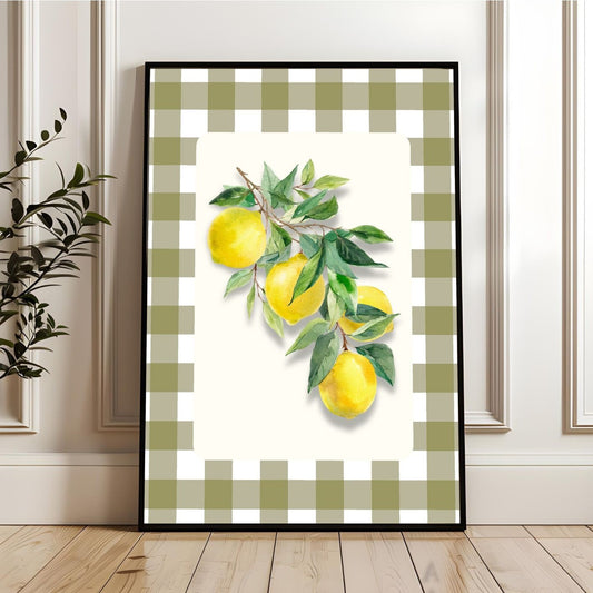 Lemon Kitchen Wall Art – Country Style Gingham Fruit Print – Fresh Summer Citrus Poster