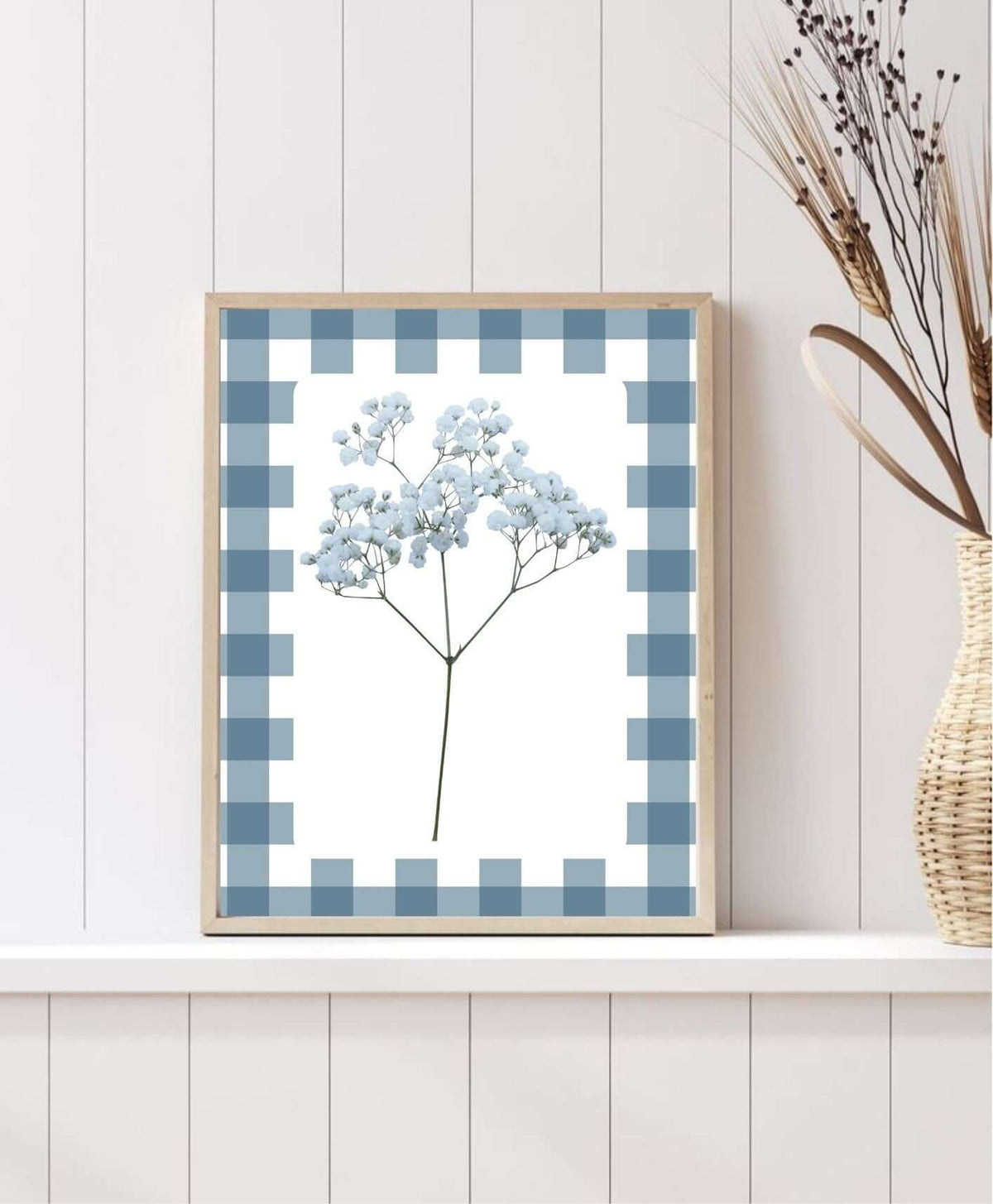 Blue Gingham Baby's Breath Print with blue floral design and light gingham border, perfect for cottagecore and farmhouse decor