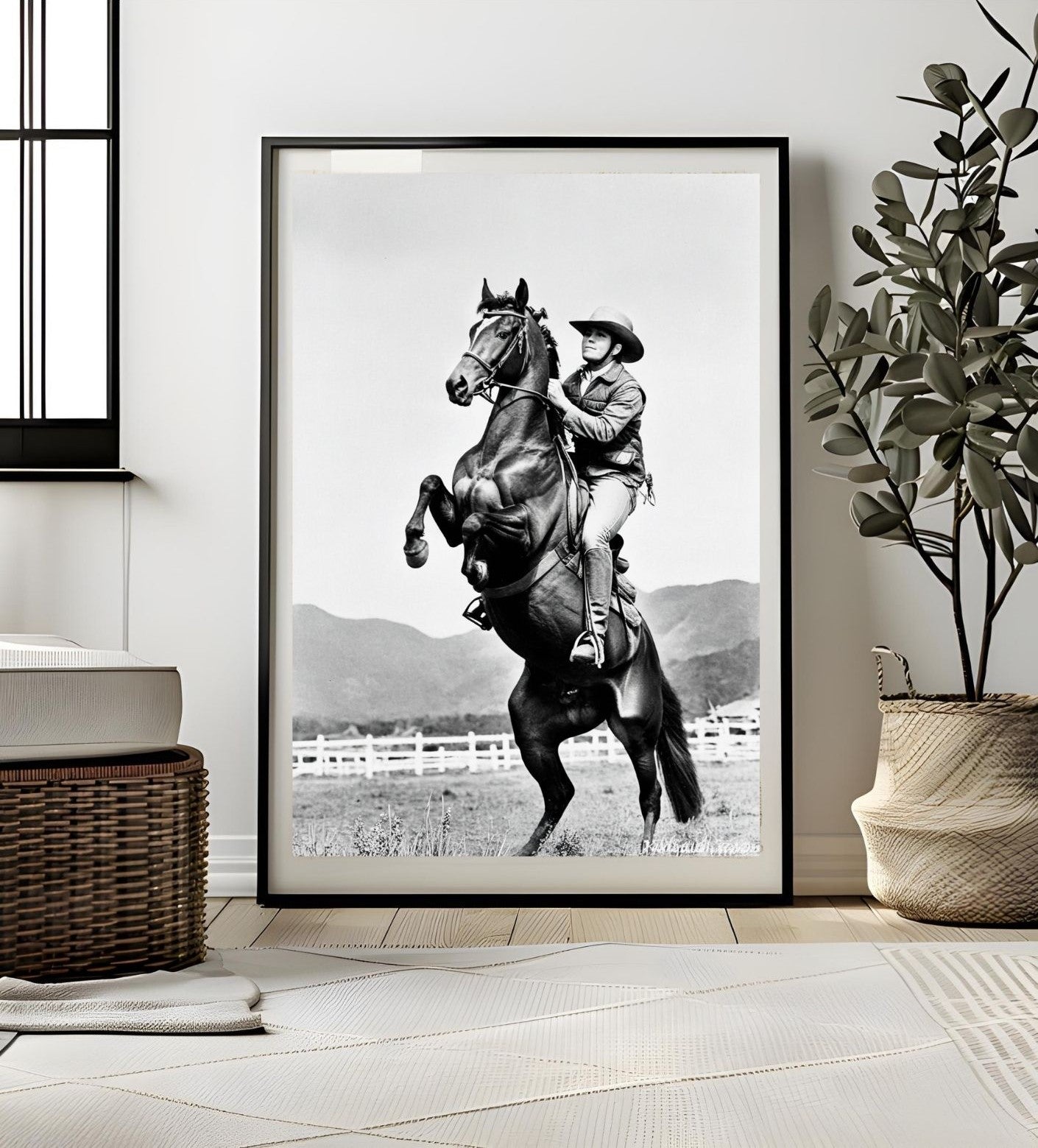 Black and white Western Wall Art with rearing horse and cowboy, capturing the American frontier spirit and vintage aesthetics.