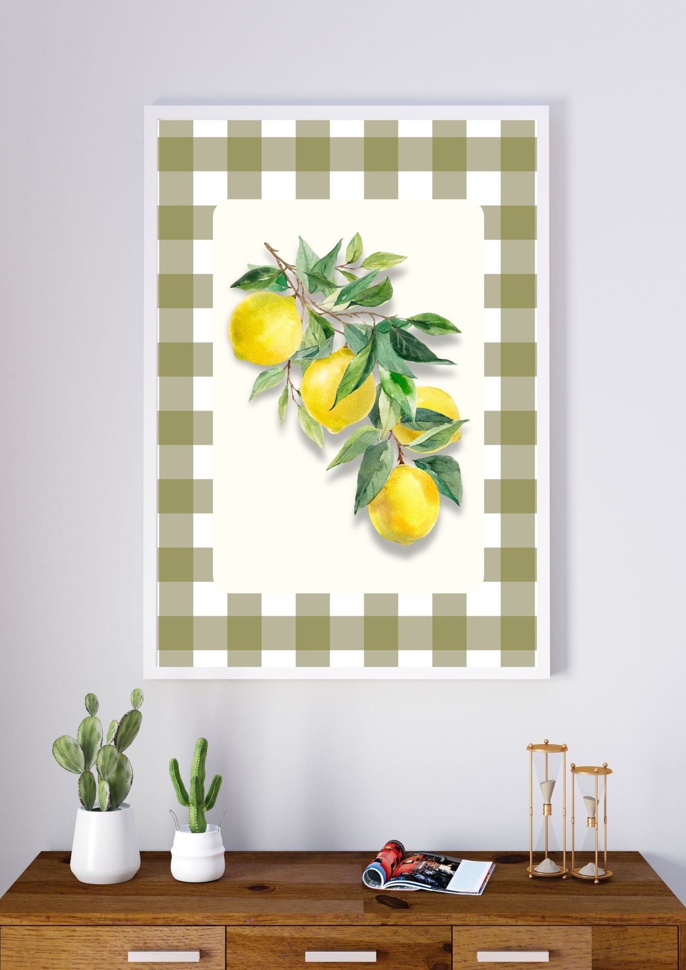 Lemon Kitchen Wall Art – Country Style Gingham Fruit Print – Fresh Summer Citrus Poster