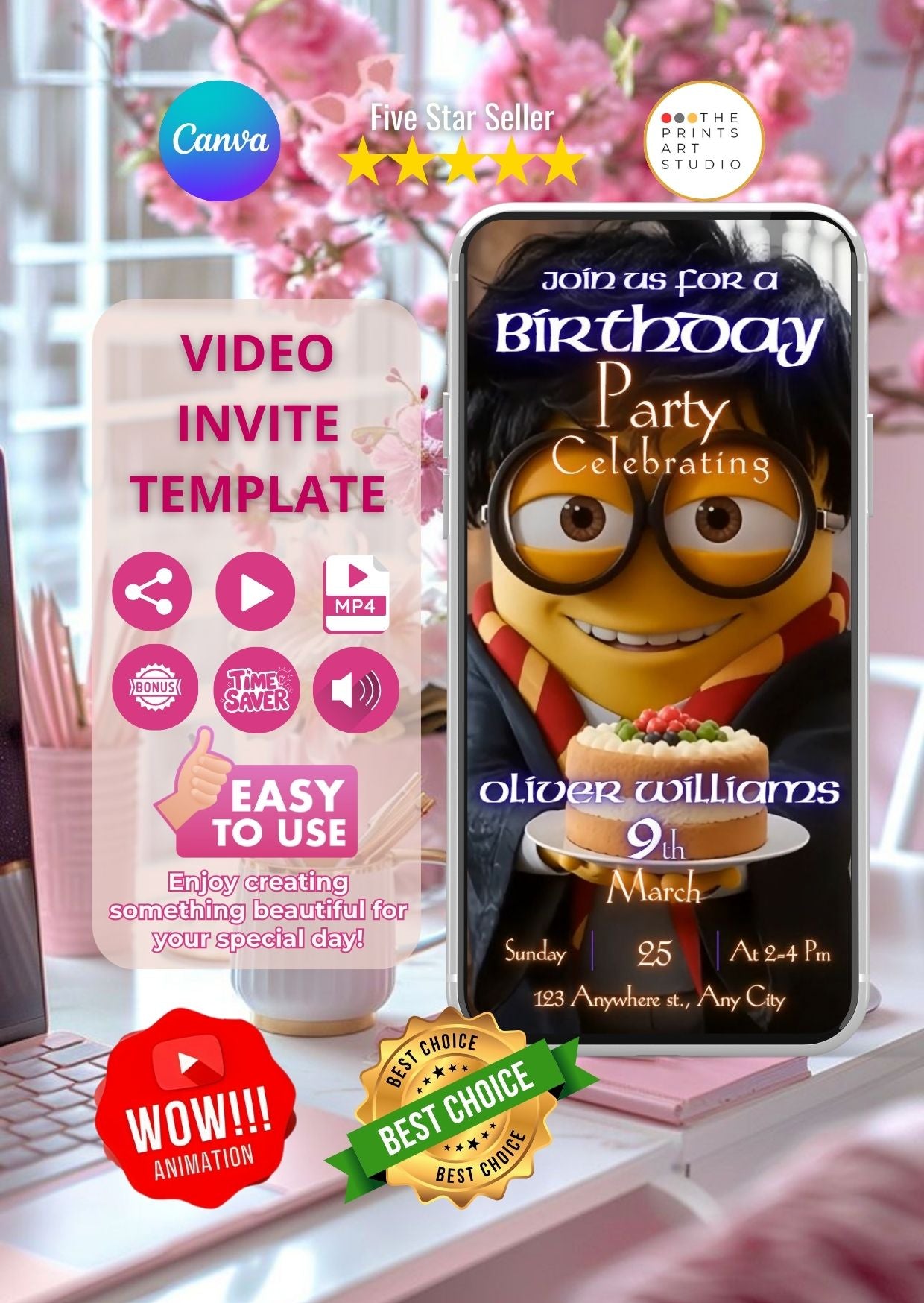 Harry Potter Minions birthday video invitation with wizard minion on smartphone screen, showcasing party details and animations.