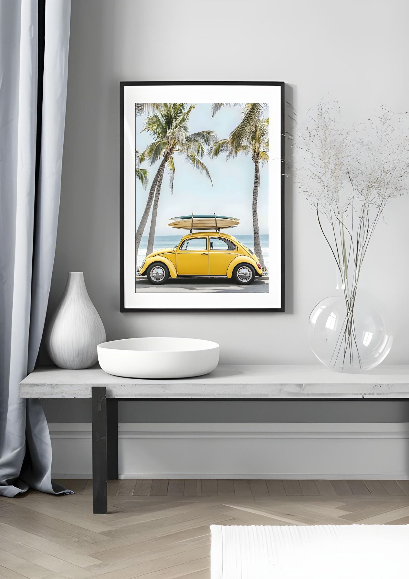 Modern Coastal Wall Art – Yellow VW Beetle with Surfboards – Printable Beach Poster for Summer Decor