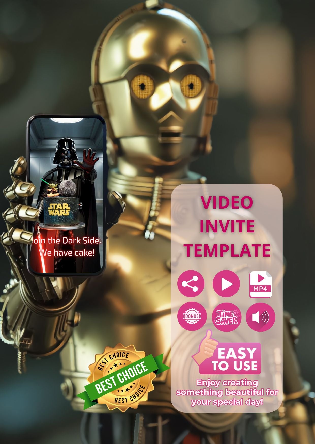 Star Wars Darth Vader Video Invitation displayed on a smartphone held by a gold robotic figure with editable template features
