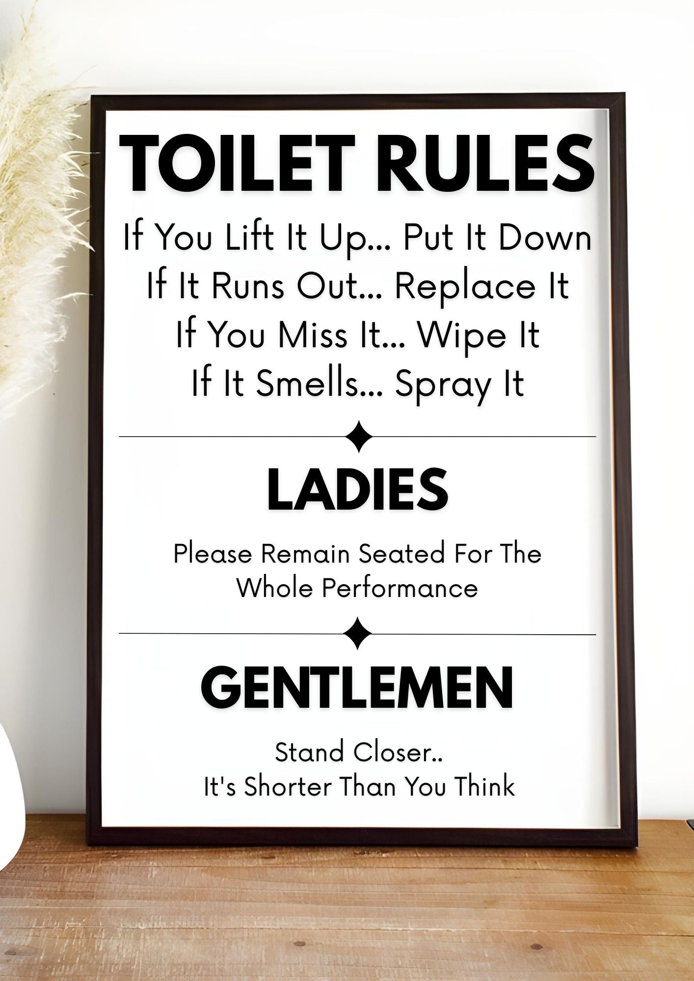 Funny Toilet Rules Sign – Humorous Bathroom Wall Art Printable | WC Decor Digital Download on display