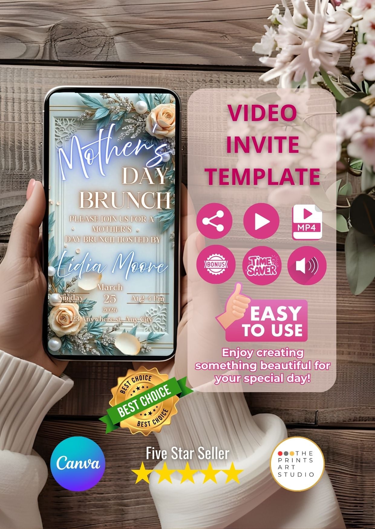 Elegant Mother’s Day Video Invitation Canva template displayed on a smartphone, perfect for brunch events, easy to use.