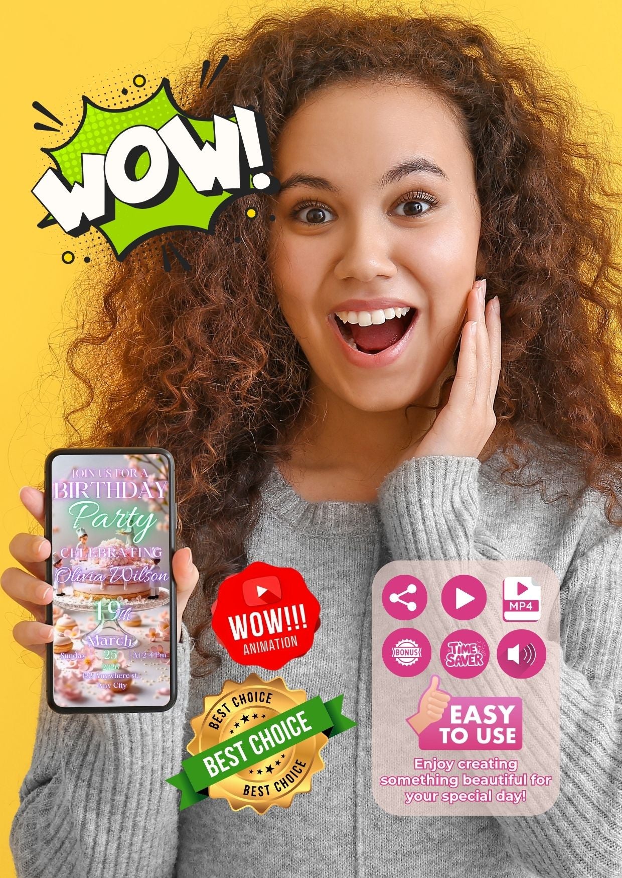 Woman holding phone with Birthday Video Invitation template on screen; animated cake and blossoms design.