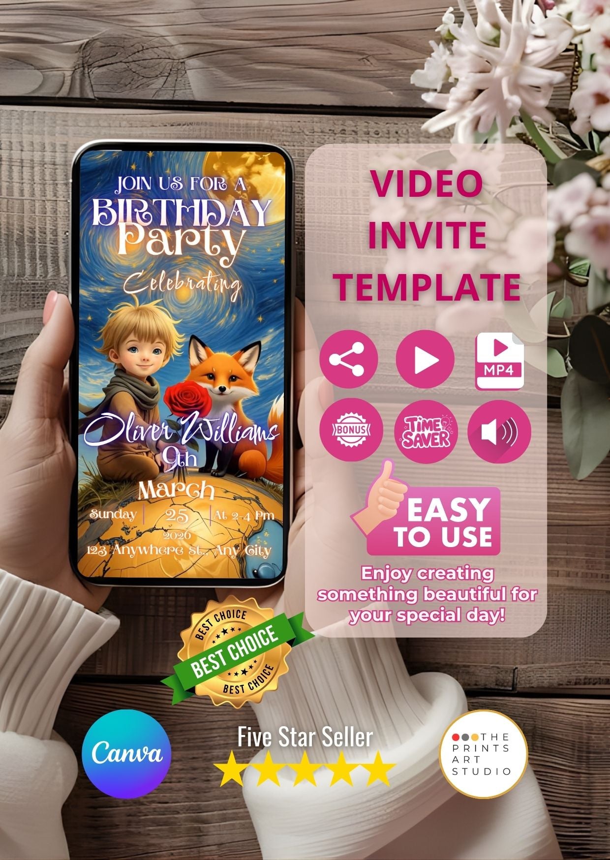 Little Prince Style Birthday Video Invitation editable Canva template shown on a smartphone screen with floral decor.