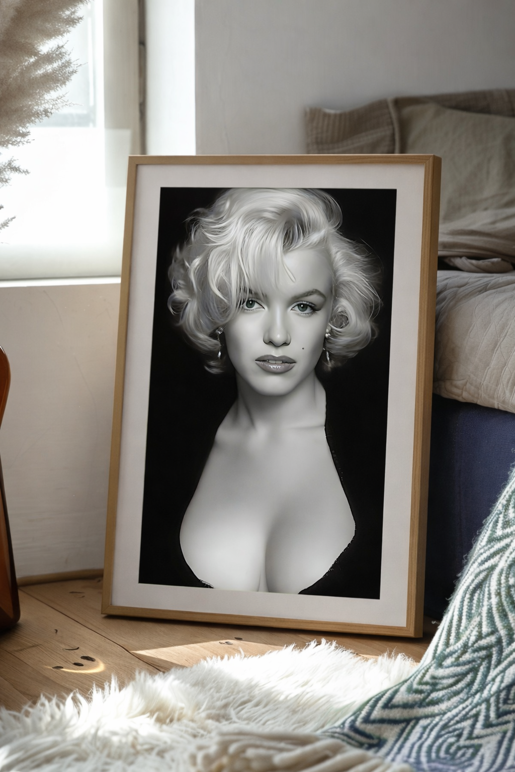 Vintage Hollywood Glamour Wall Art in bedroom setting, iconic 1950s black and white portrait with dramatic lighting and elegance.
