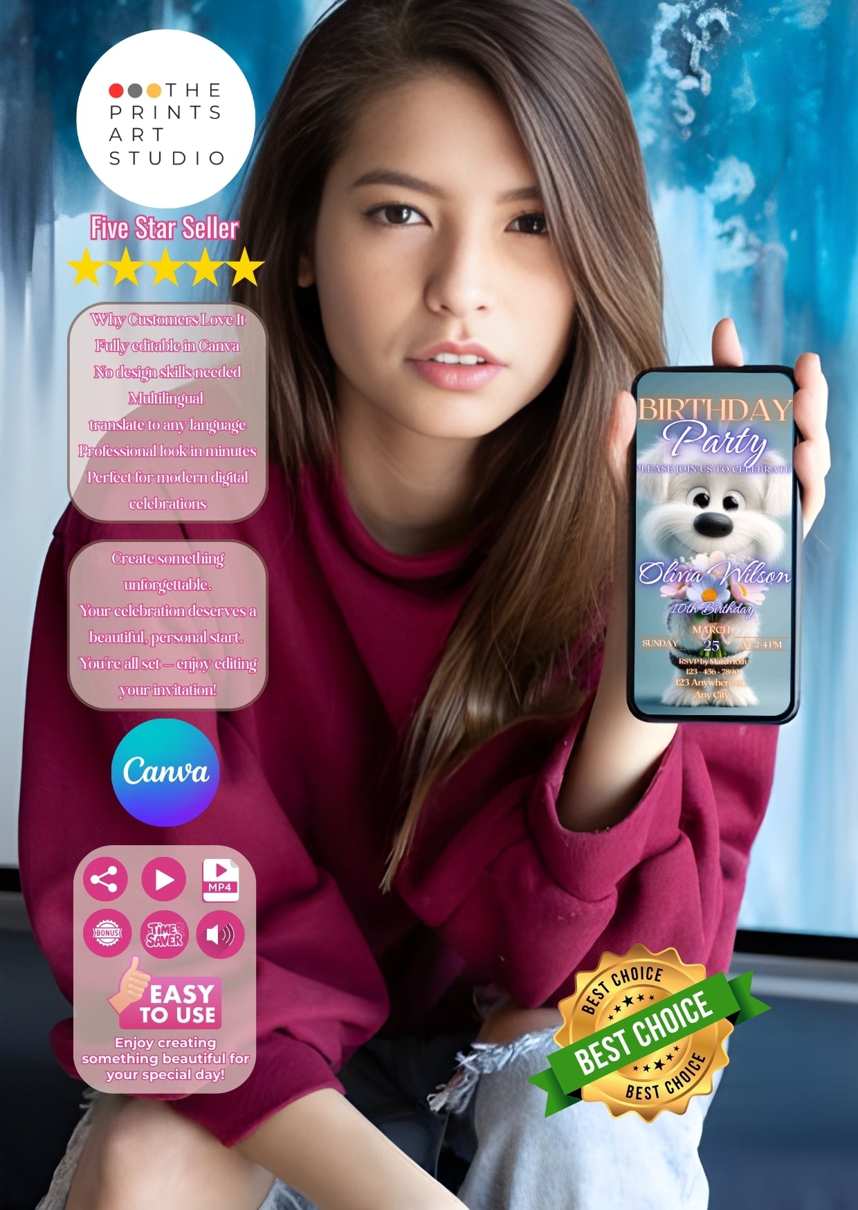 Woman displaying Puppy Birthday Video Invitation on her smartphone