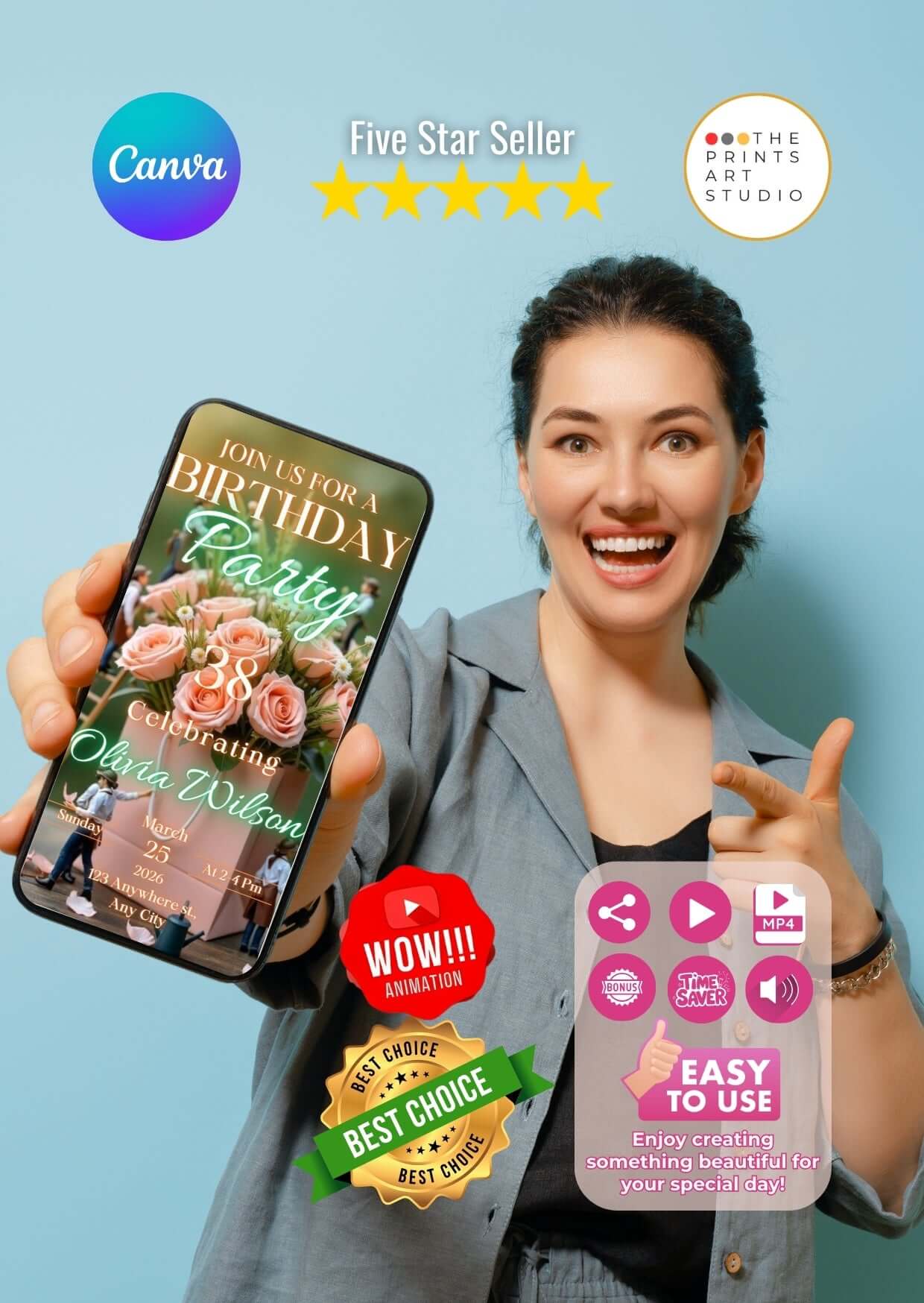 Woman holding a phone with Birthday Video Invitation template, showcasing its design features and easy customization options in Canva.