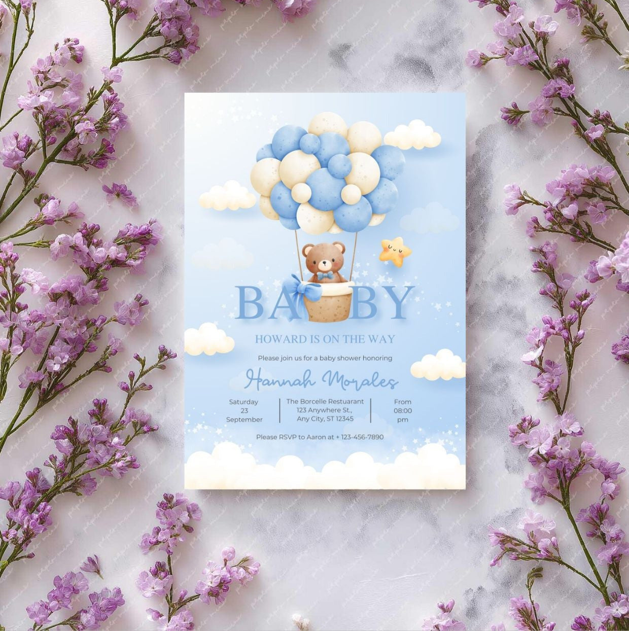 Blue Teddy Bear Baby Shower Invitation | Editable Boy Baby Shower Invite | Gender Neutral Balloon Bear Template | Printable Digital Download