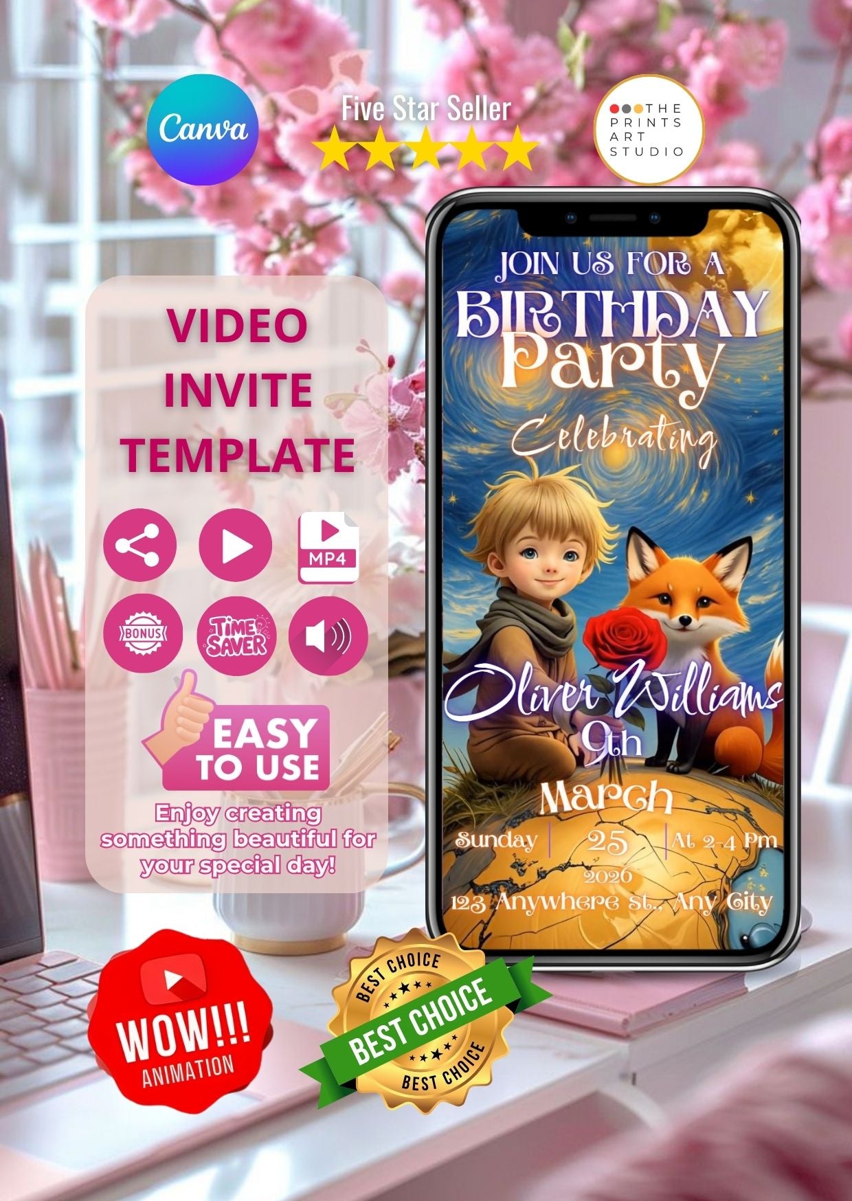 Little Prince Style Birthday Video Invitation displayed on a smartphone with a whimsical design theme for children's party invites.