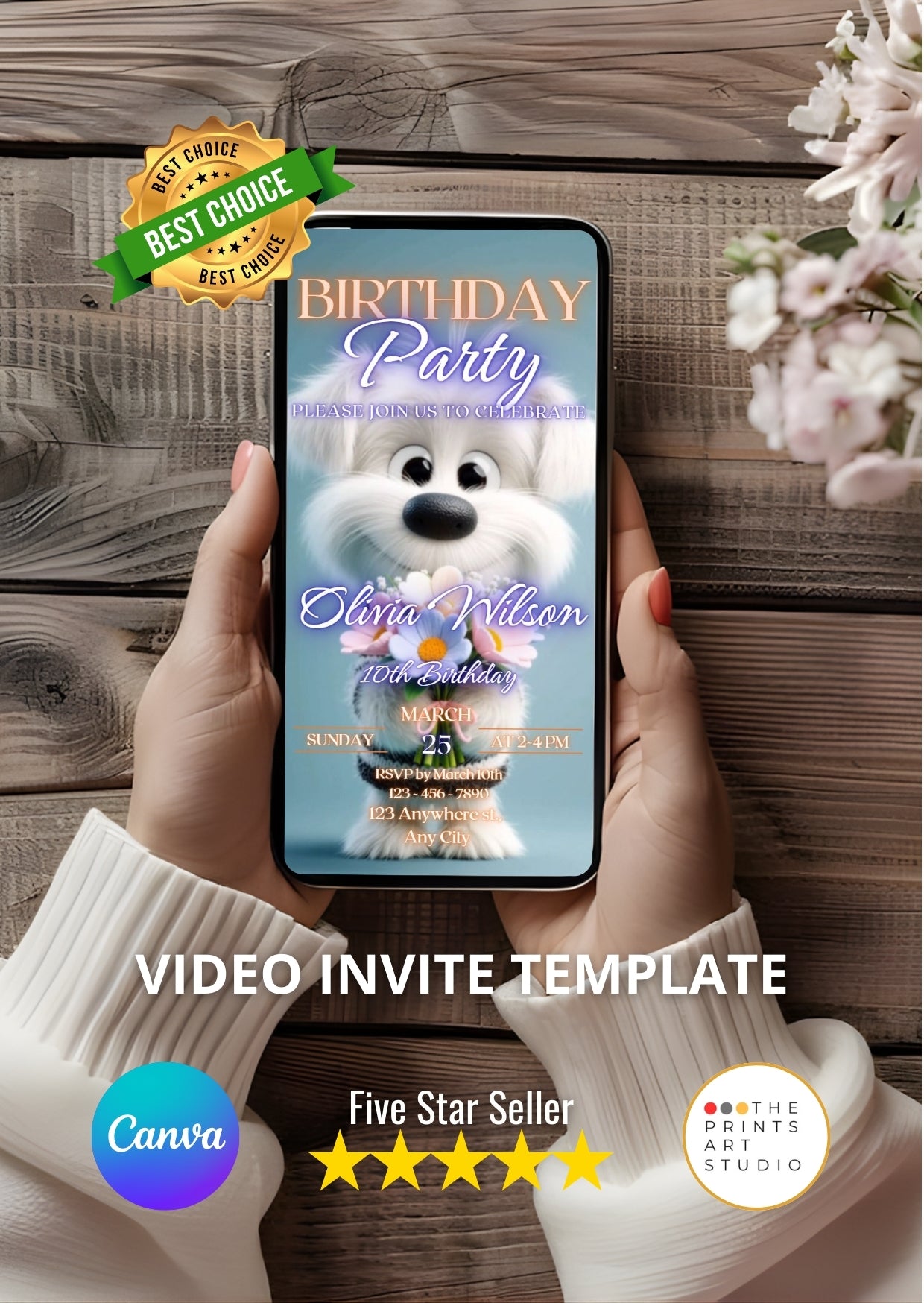 Person holding phone with Puppy Birthday Video Invitation template featuring adorable animated puppy on screen.