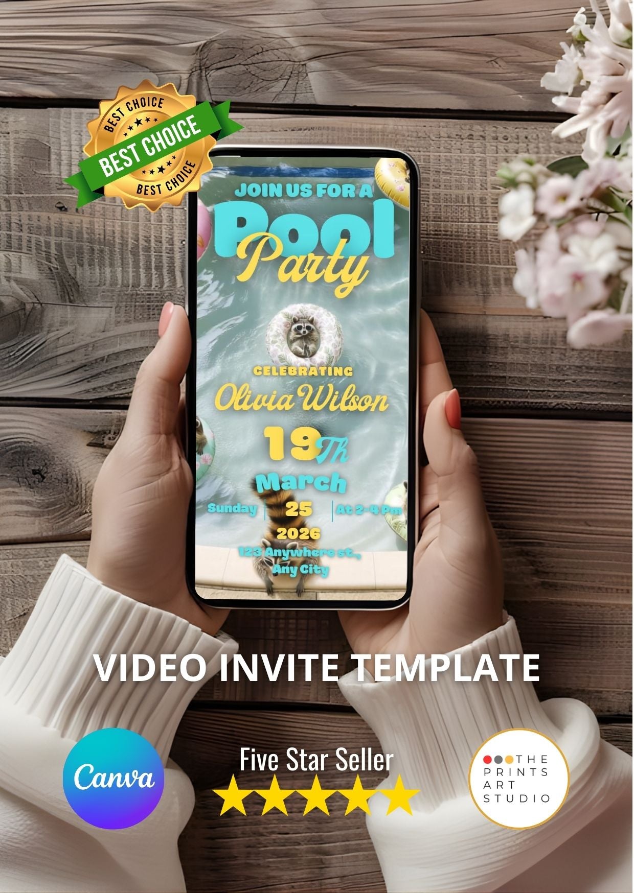 Person holding phone displaying Pool Party Video Invitation template on Canva