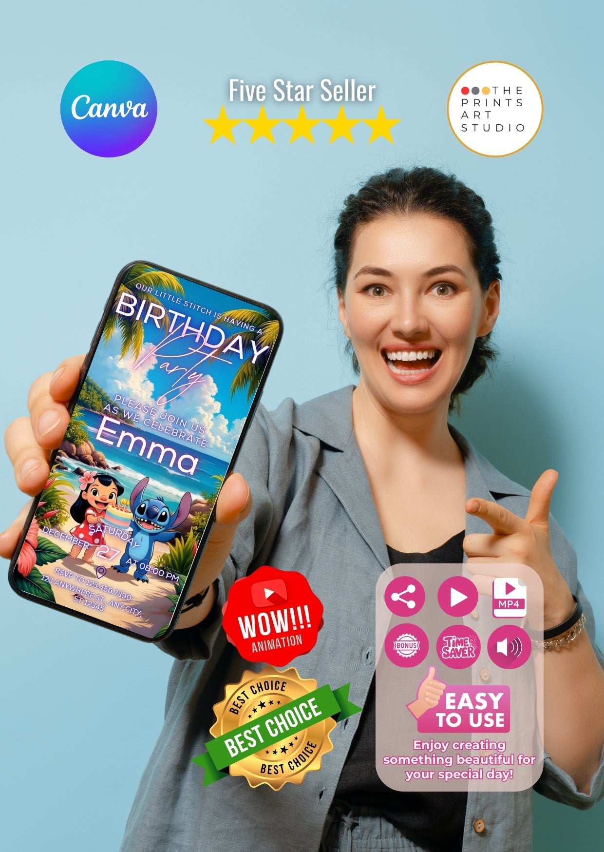 Woman holding a smartphone displaying Lilo and Stitch birthday video invitation with colorful graphics and animated features.