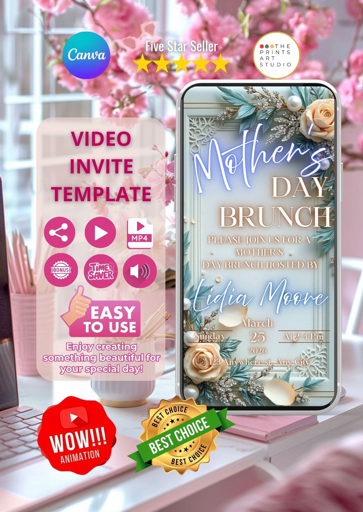 Mother’s Day Video Invitation template featuring elegant brunch theme with pink roses and customizable text on Canva