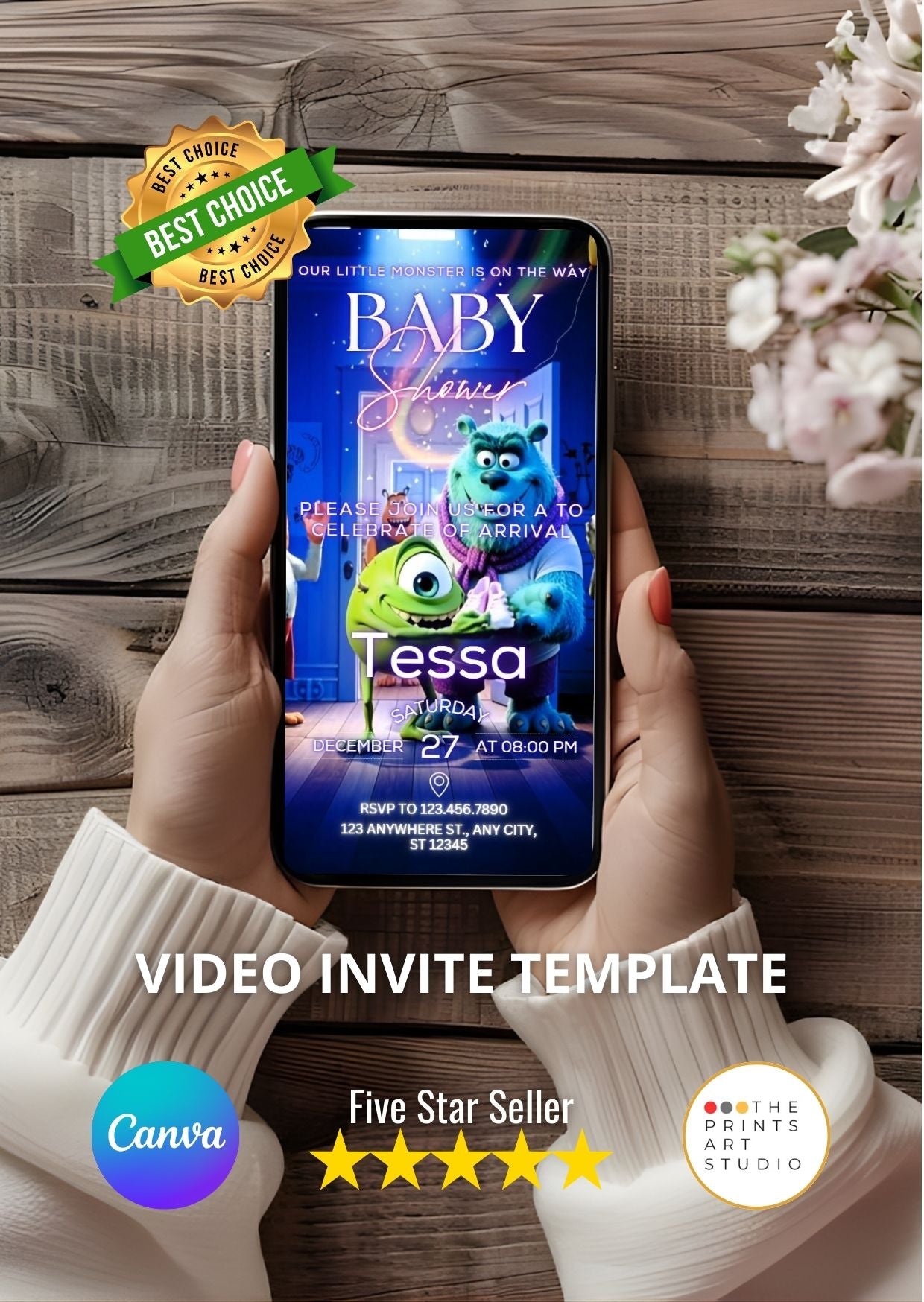 Monster Baby Shower Video Invitation on smartphone held by hands, showcasing playful monster-themed digital invite template with vibrant colors.