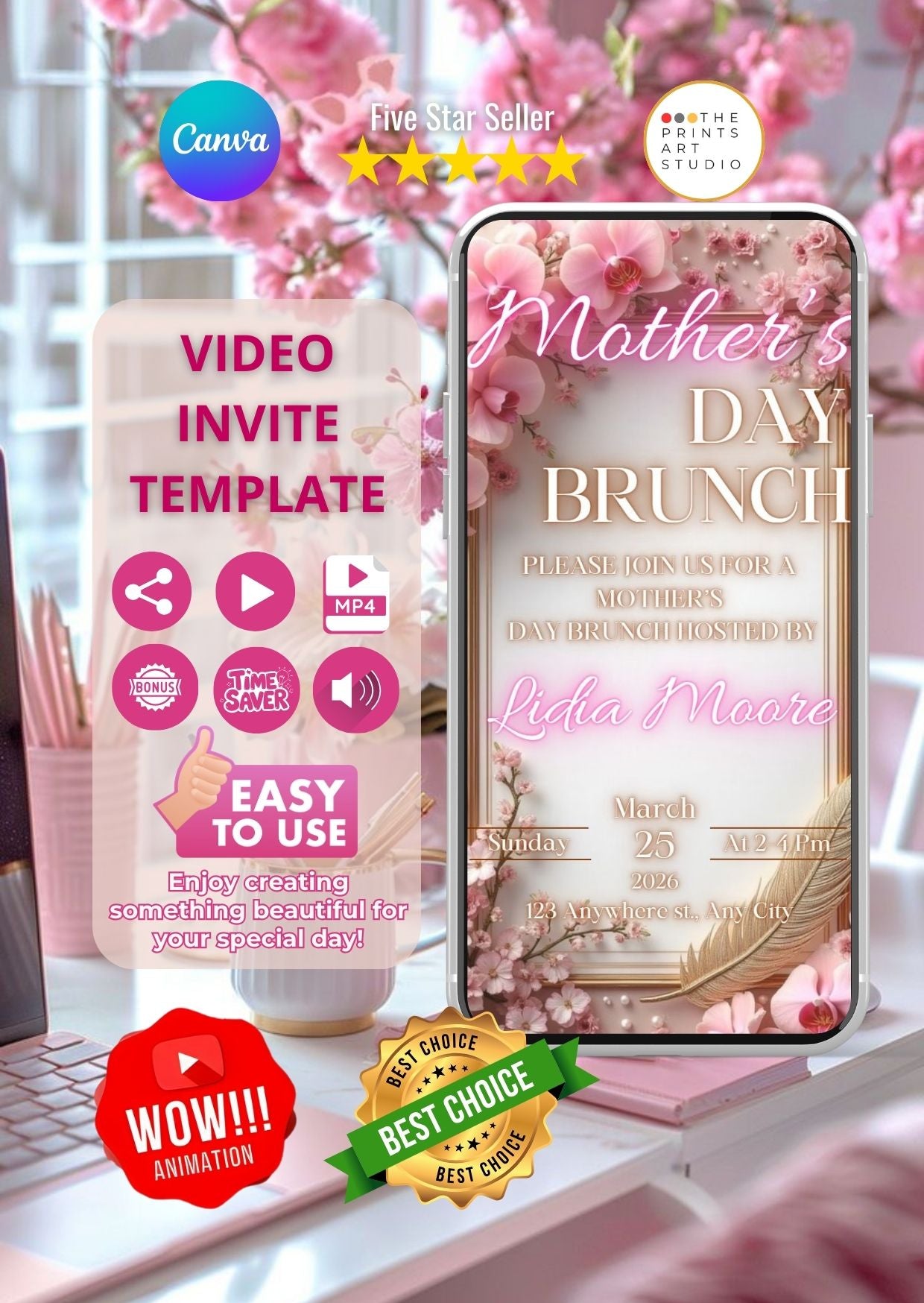 Mother's Day Brunch Video Invitation on smartphone with floral design and template icons for easy customization.