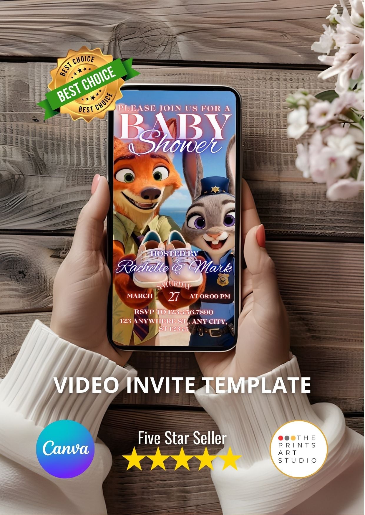 Zootopia baby shower video invitation displayed on smartphone with animated characters and event details